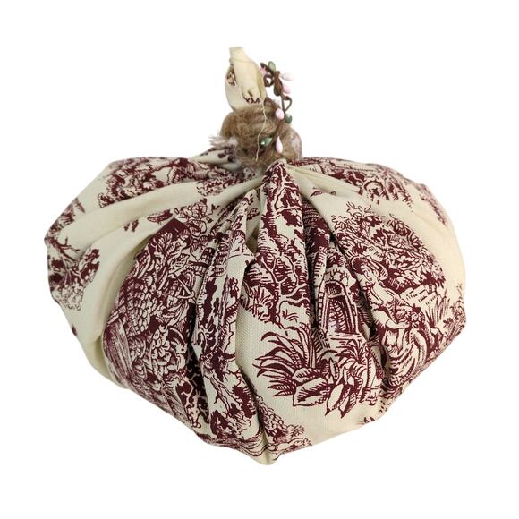 Folk Art Red Toile Fabric Stuffed Pumpkin 32" Around Farmhouse French Country - Picture 3 of 5
